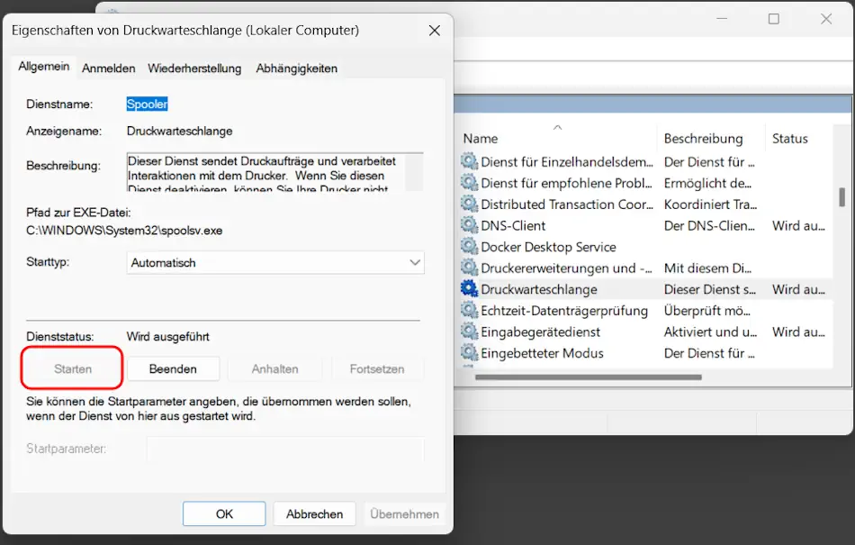 Screenshot: Druckspooler-Dienst neu starten