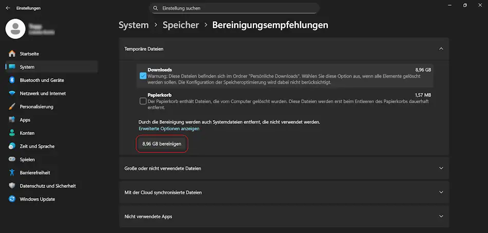 Screenshot: Einstellungen  - Speicherplatz automatisch mit Storage Sense bereinigen