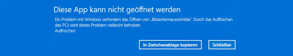 Screenshot: Fehlermeldung, die Benutzer sehen, wenn sie versuchen, das Snipping Tool zu verwenden