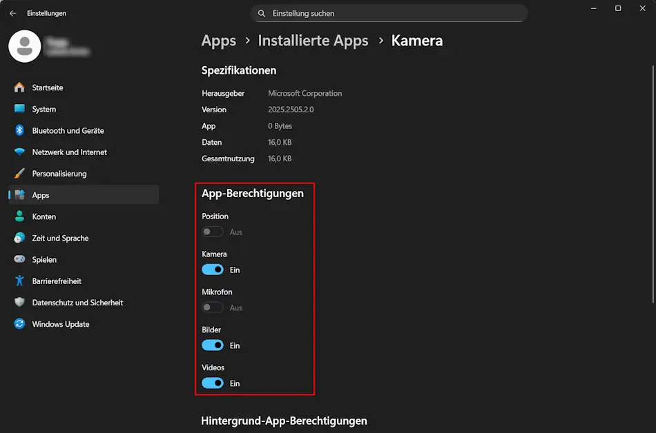 Windows 11-App-Einstellungen – Berechtigungen für die Kamera-App Screenshot: Windows 11-App-Einstellungen – Berechtigungen für die Kamera-App
