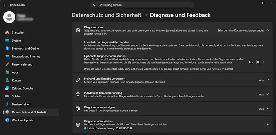 Hier können Sie steuern, welche Diagnosedaten Windows 11 erfasst Screenshot: Windows 11-Datenschutzeinstellungen – Bildschirm