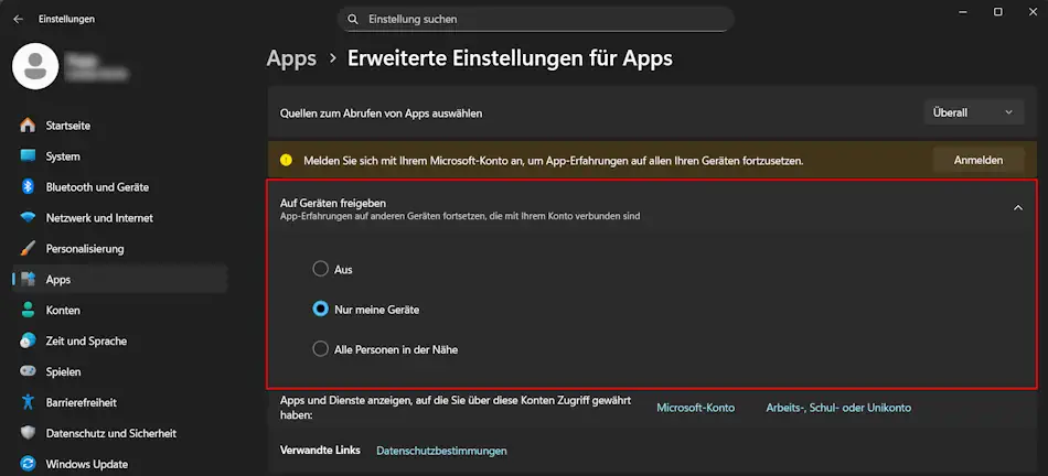 Erweiterte App-Einstellungen von Windows 11 – Freigabe auf allen Geräten deaktiviert Erweiterte App-Einstellungen von Windows 11 – Freigabe auf allen Geräten deaktiviert