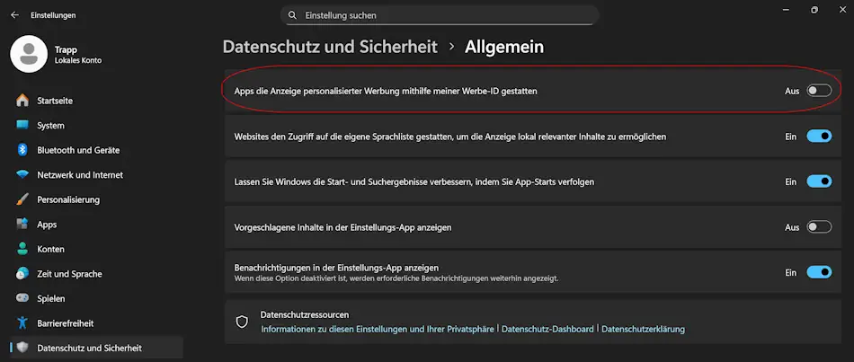 Sie können die Werbe-ID von Windows 11 deaktivieren Screenshot: Einstellungen zur Deaktivierung der Werbe-ID von Windows 11