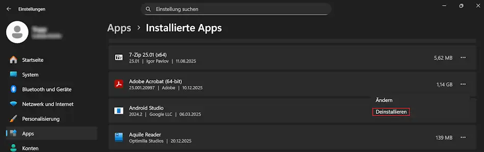 Screenshot: Installierte Apps deinstallieren