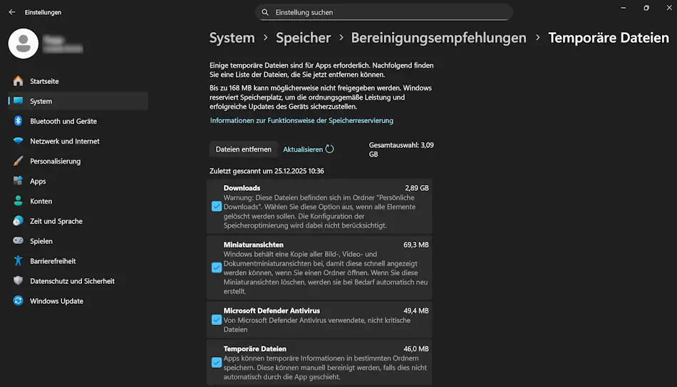 Screenshot: Bereinigungsempfehlungen - Erweiterte Optionen