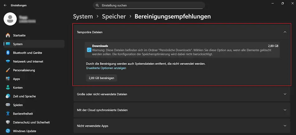 Screenshot: Bereinigungsempfehlungen