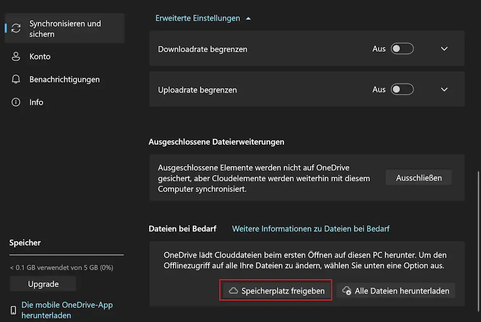 Screenshot: OneDrive Einstellungen