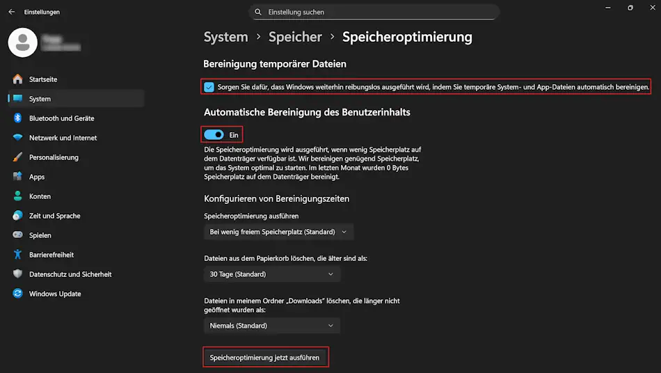 Screenshot: Einstellungen - Speicheroptimierung