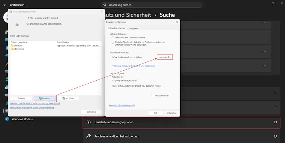 Screenshot: Erweiterte Indizierungsoptionen