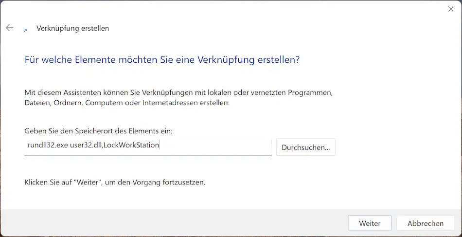 Screenshot: Erstellen einer Desktop-Verknüpfung