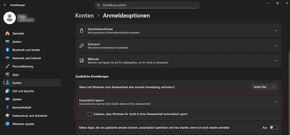 Screenshot: Dynamische Sperre verwenden