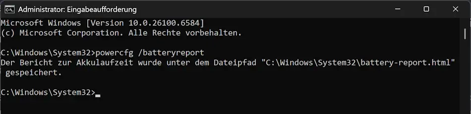 Screenshot: Eingabeaufforderung Batteriereport