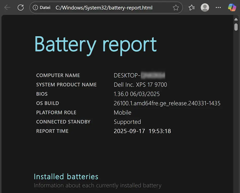 Screenshot: Report Batteriestatus