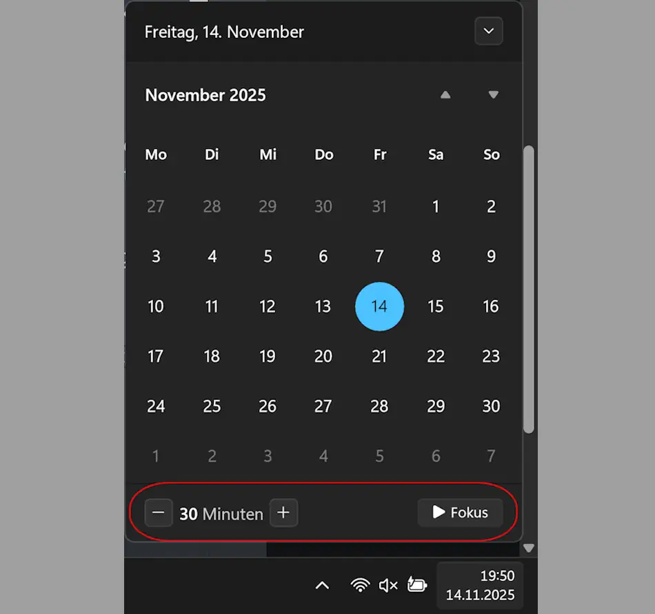 Screenshot: Windows 11 Fokus-Modus