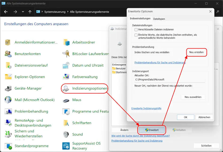 Screenshot: Systemsteuerung Suchindex neu erstellen