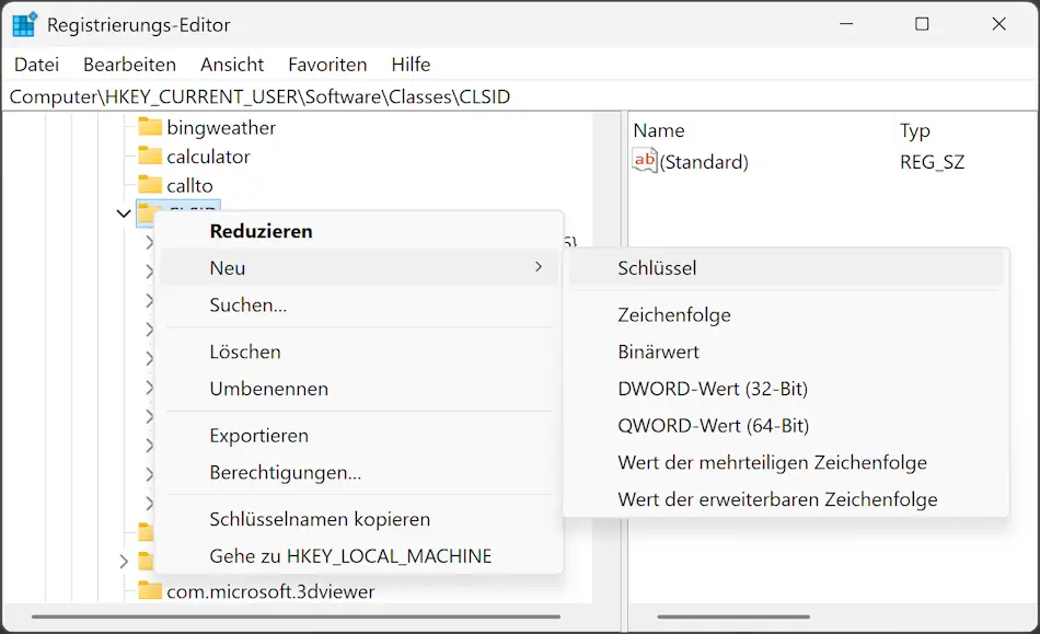 Screenshot: Registrierungsschlüssel erstellen