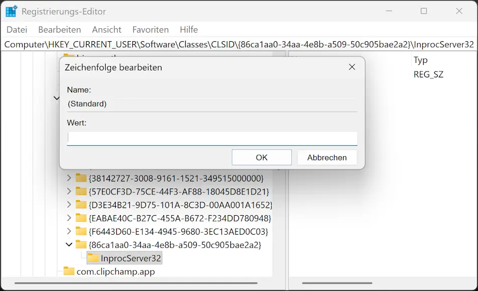 Screenshot: Neuen Schlüssel namens InprocServer32 erstellen