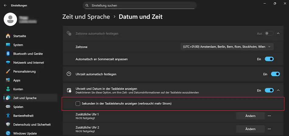 Screenshot: Einstellungen für die Anzeigen der Sekunden in der Taskleistenuhr