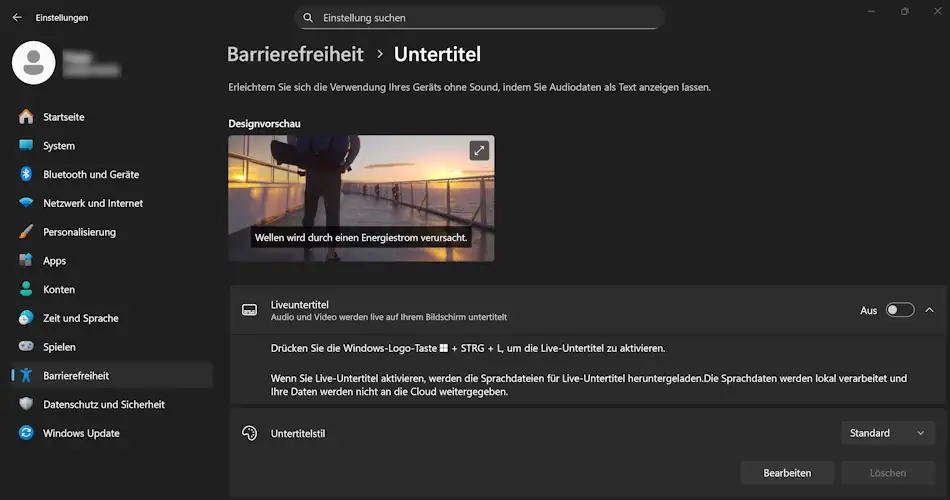 Screenshot: Einstellung Liveuntertitel
