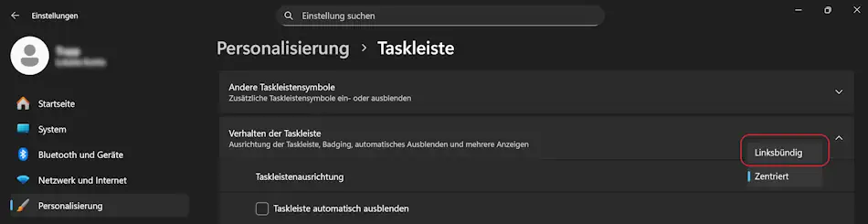 Screenshot: Ausrichtung der Windows-Taskleiste in den Einstellungen