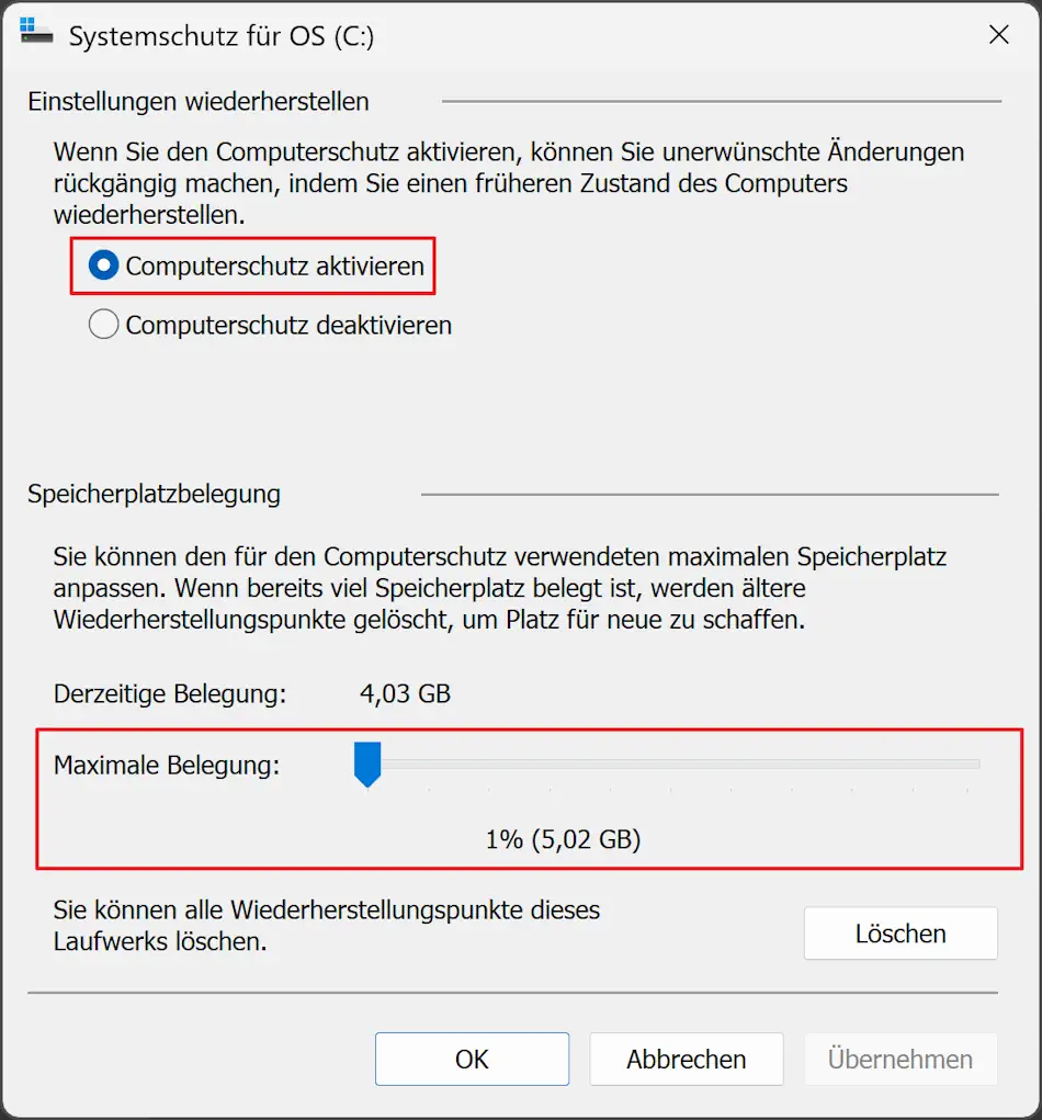 Screenshot: Computerschutz - Maximale Belegung