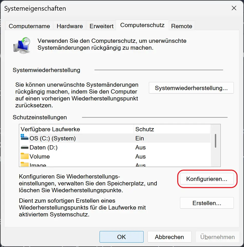 Screenshot: Systemwiederherstellung - Computerschutz
