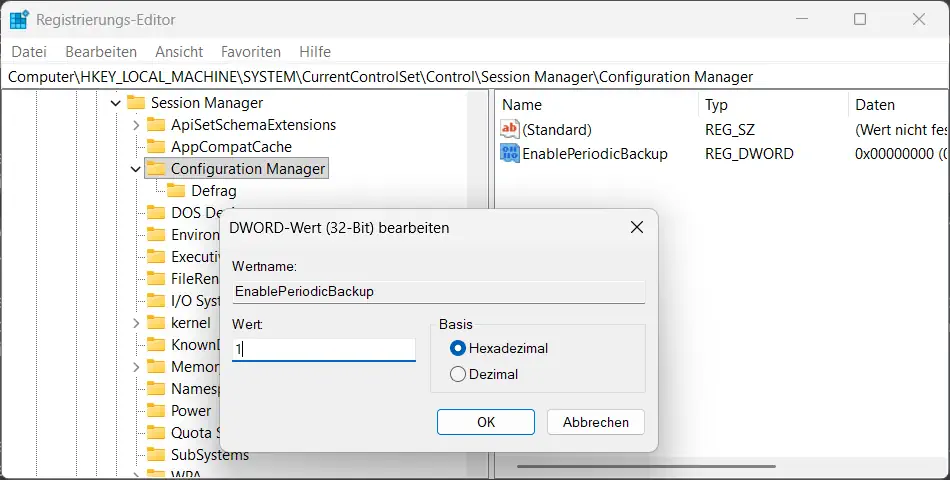Screenshot: DWORD bearbeiten - EnablePeriodicBackup
