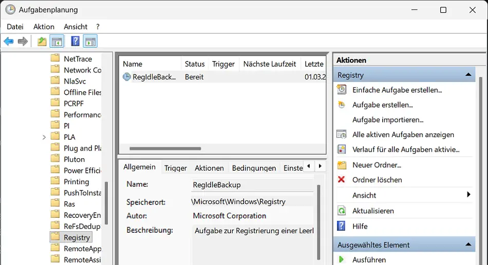 Screenshot: RegIdleBackup in der Aufgabenplanung