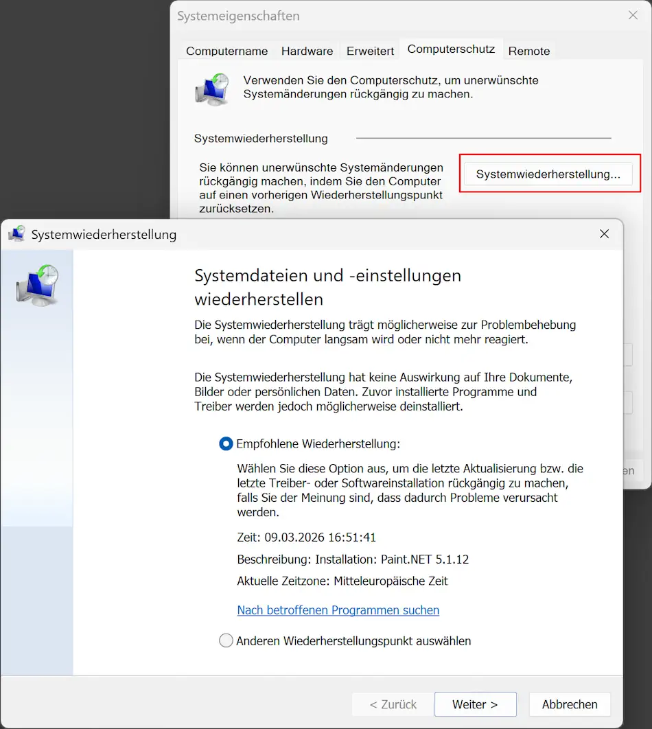 Screenshot: Systemwiederherstellung