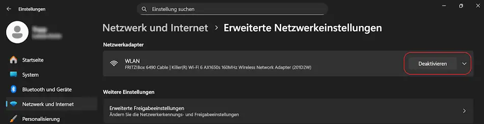 Screenshot: Windows 11 - Netzwerkadapter deaktivieren