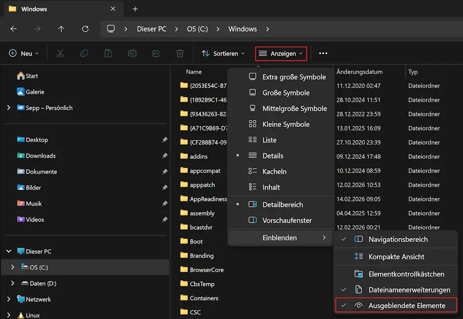 Anzeigen versteckter Dateien in Windows 11 Screenshot: Einstellungen im Datei-Explorer zur Anzeige versteckter Dateien in Windows 11