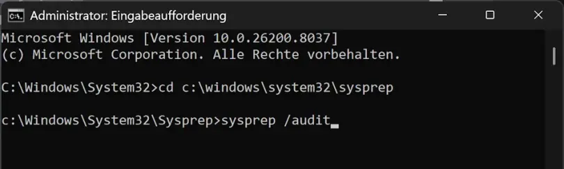 Screenshot cmd: Verwendung von SYSPREP in Windows 11