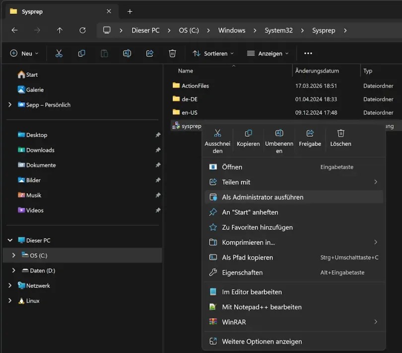 Screenshot: Verwendung von SYSPREP in Windows 11