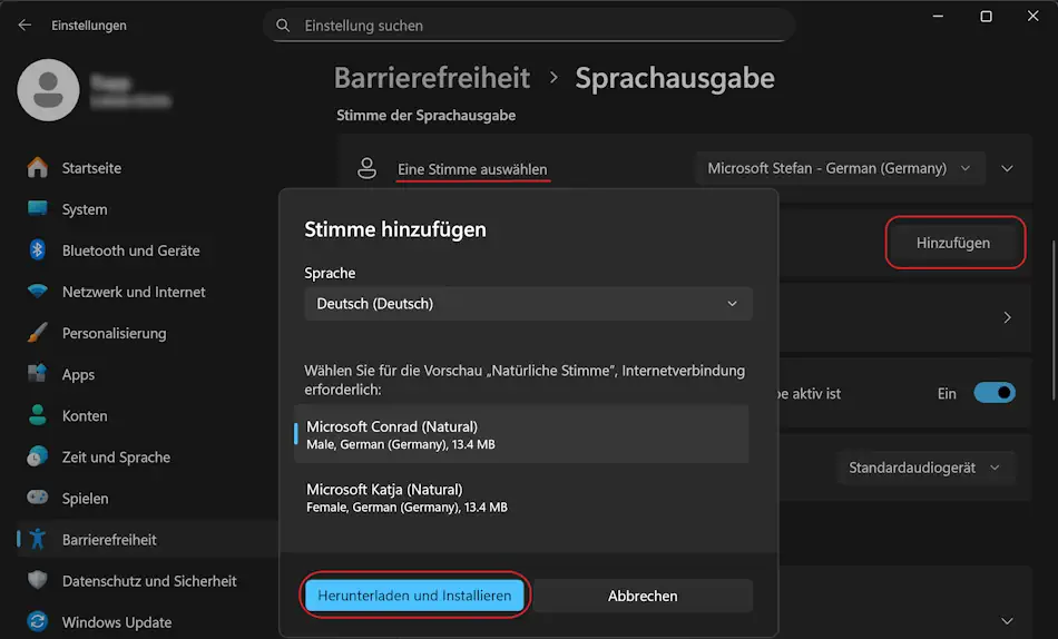 Screenshot: Einstellungen Sprachausgabe mit natürlicher Stimme