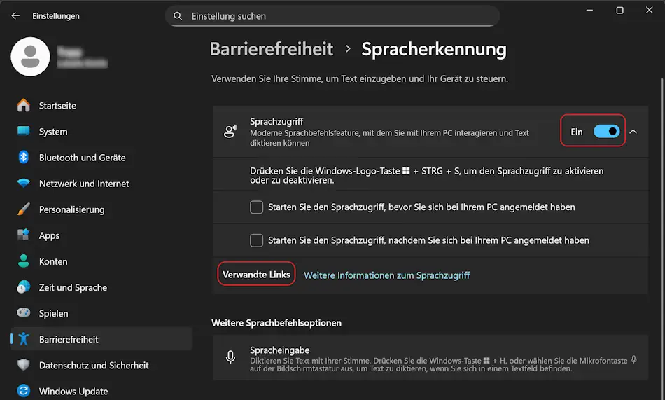 Screenshot: Einstellungen zu Steuern Sie Ihren Computer mit Sprachzugriff
