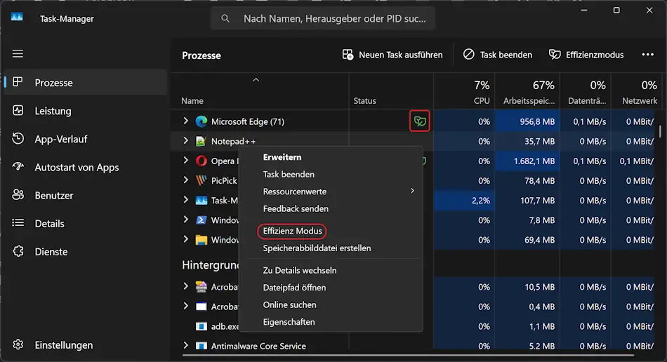 Screenshot: Task-Manager Effiziensmodus