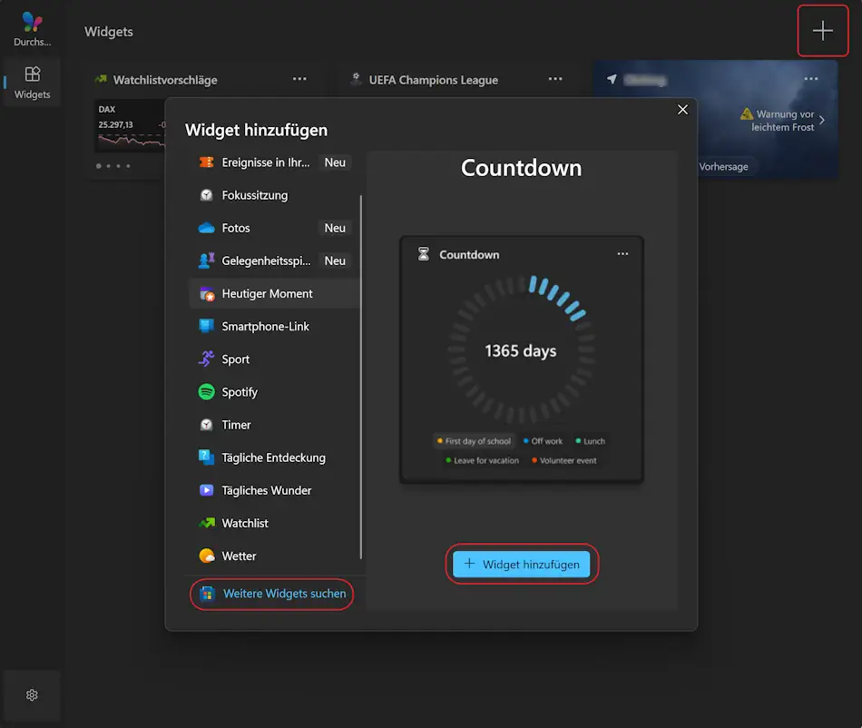Screenshot: Einstellung Widgets