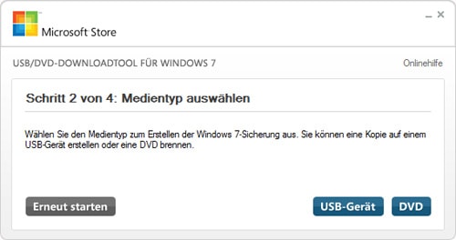 Windows 7 USB/DVD-Download USB Gerät auswählen
