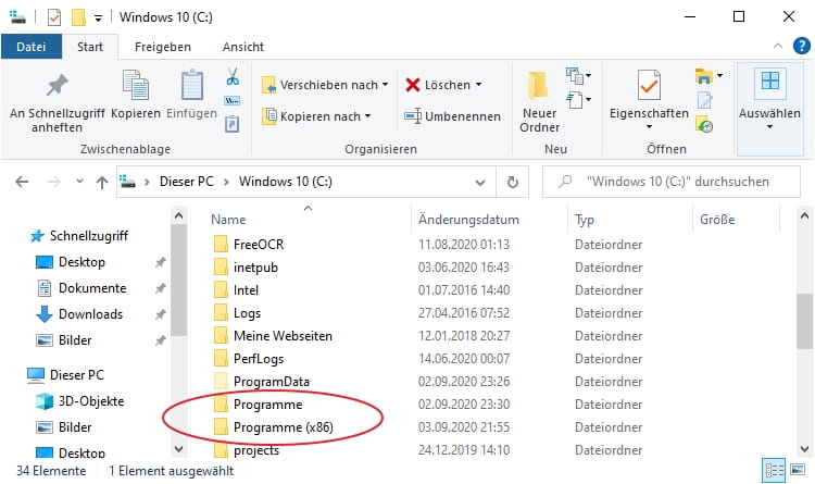 Windows Programmdateien im Date-Explorer