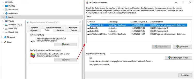 Screenshot: Optimieren der Festplatte unter Windows