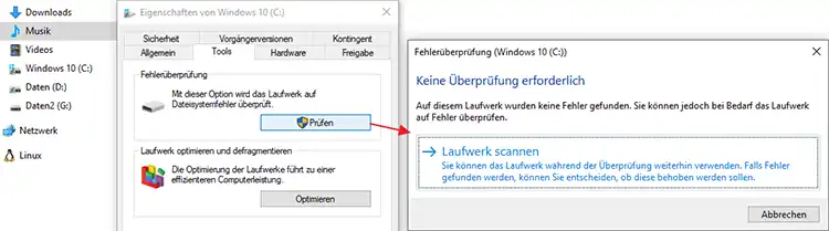 Screenshot: Prüfen der Festplatte unter Windows