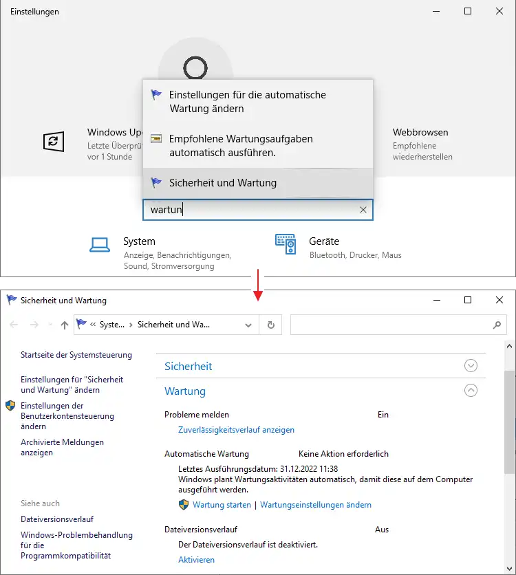 Screenshot: Einstellungen der automatischen Wartungsaufgaben von Windows in der Systemsteuerung