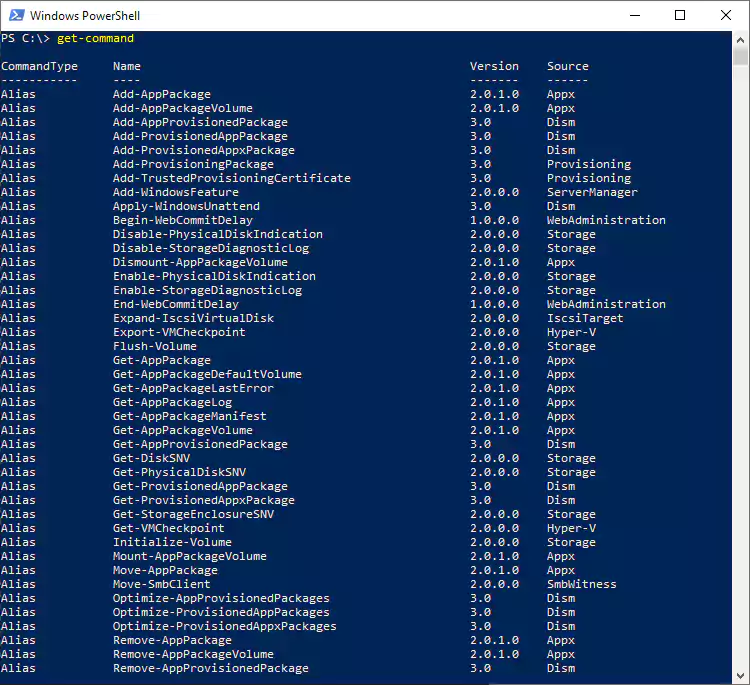 Screenshot: Windows 10 PowerShell-Befehl get-command