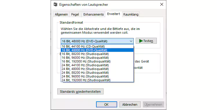 Screenshot Windows 10 - Erweitert - 16 Bit 44100 Hz CD-Qualität