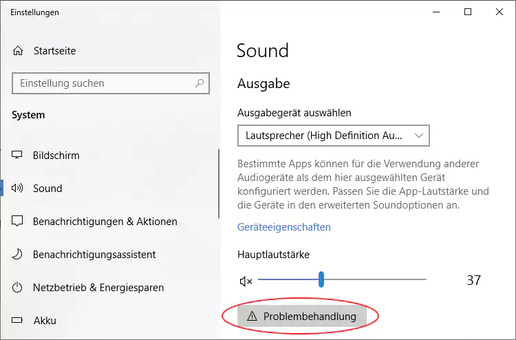 Screenshot Windows 10 - Sound-Problembehandlung öffnen