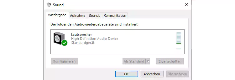 Screenshot Windows 10 - Sounds - Wiedergabe - Standardgerät auswählen