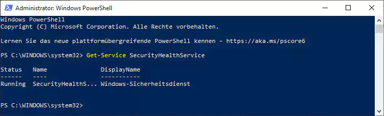 Screenshot: Powershell SecurityHealthService Stellen Sie sicher, dass der Windows-Sicherheitsdienst ausgeführt wird