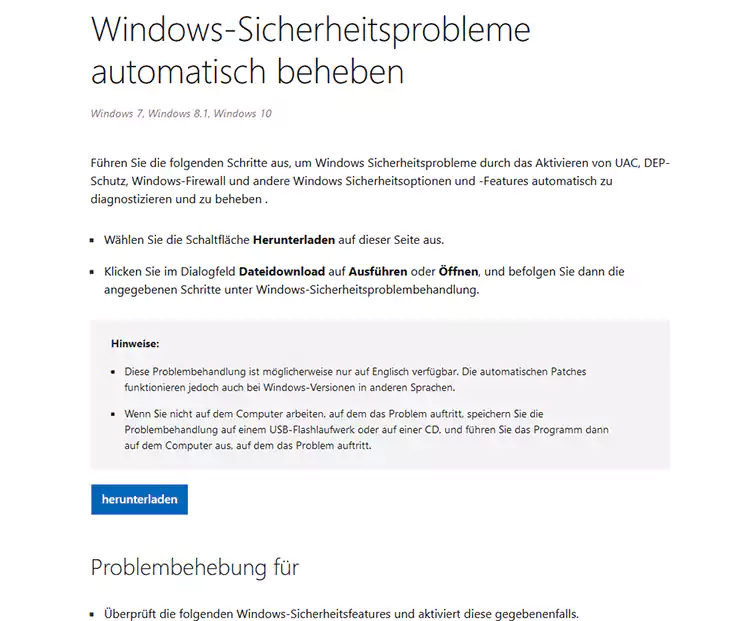 Webseite Microsoft Windows-Support
