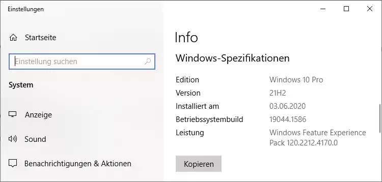 Screenshot: System-Fenster in Windows 10