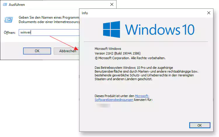 Screenshot: Windows Versions- und Build-Nummern